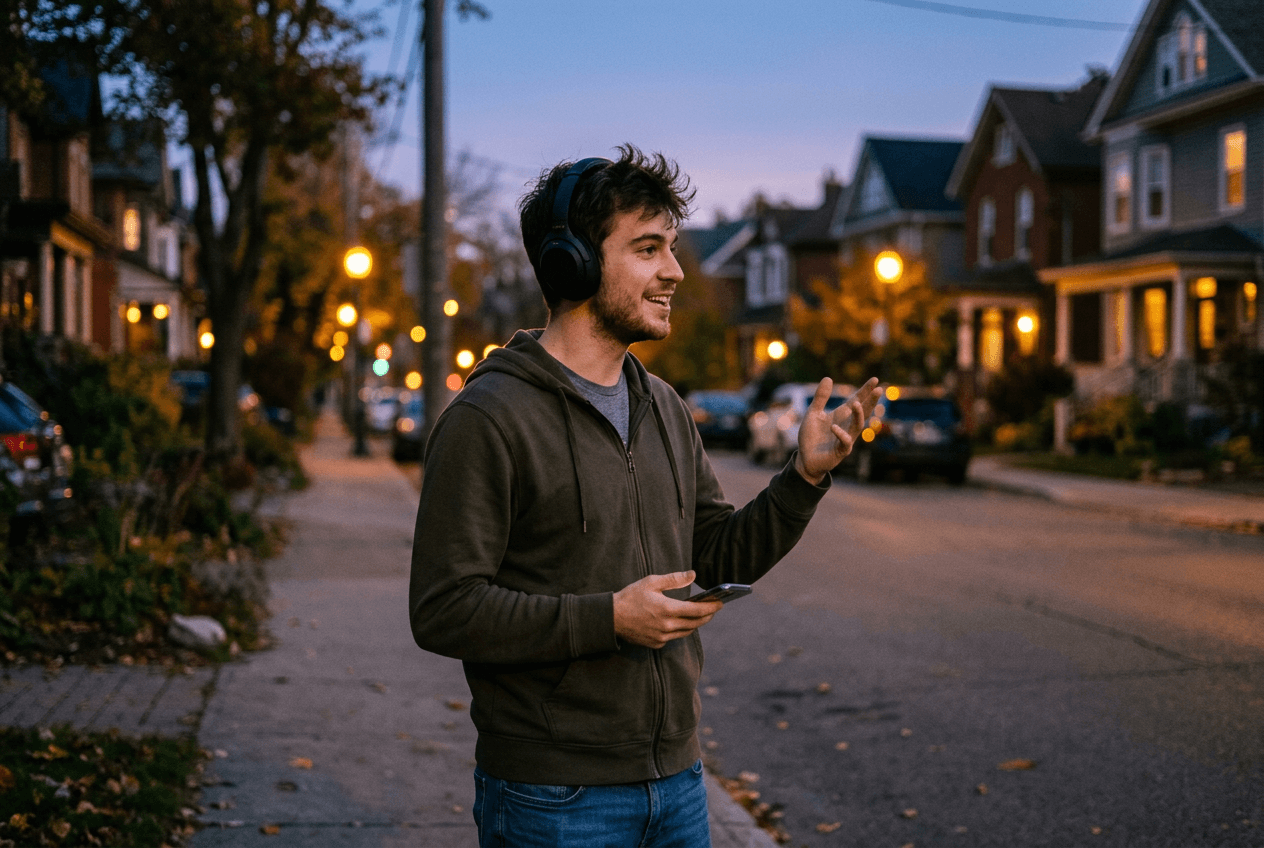 Young man practicing English speaking outdoors with headphones during evening walk