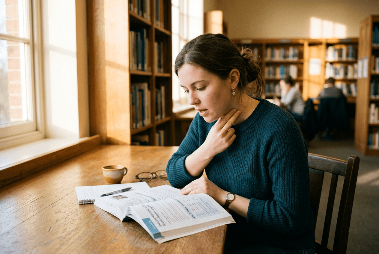 Woman practicing English pronunciation sounds by feeling vocal cord vibration at library