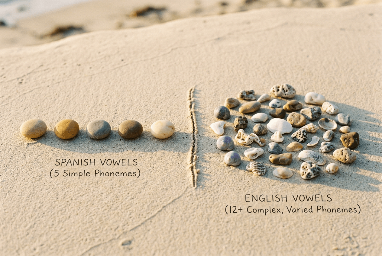 Conceptual comparison of Spanish 5 vowel sounds versus English 12+ vowel phonemes
