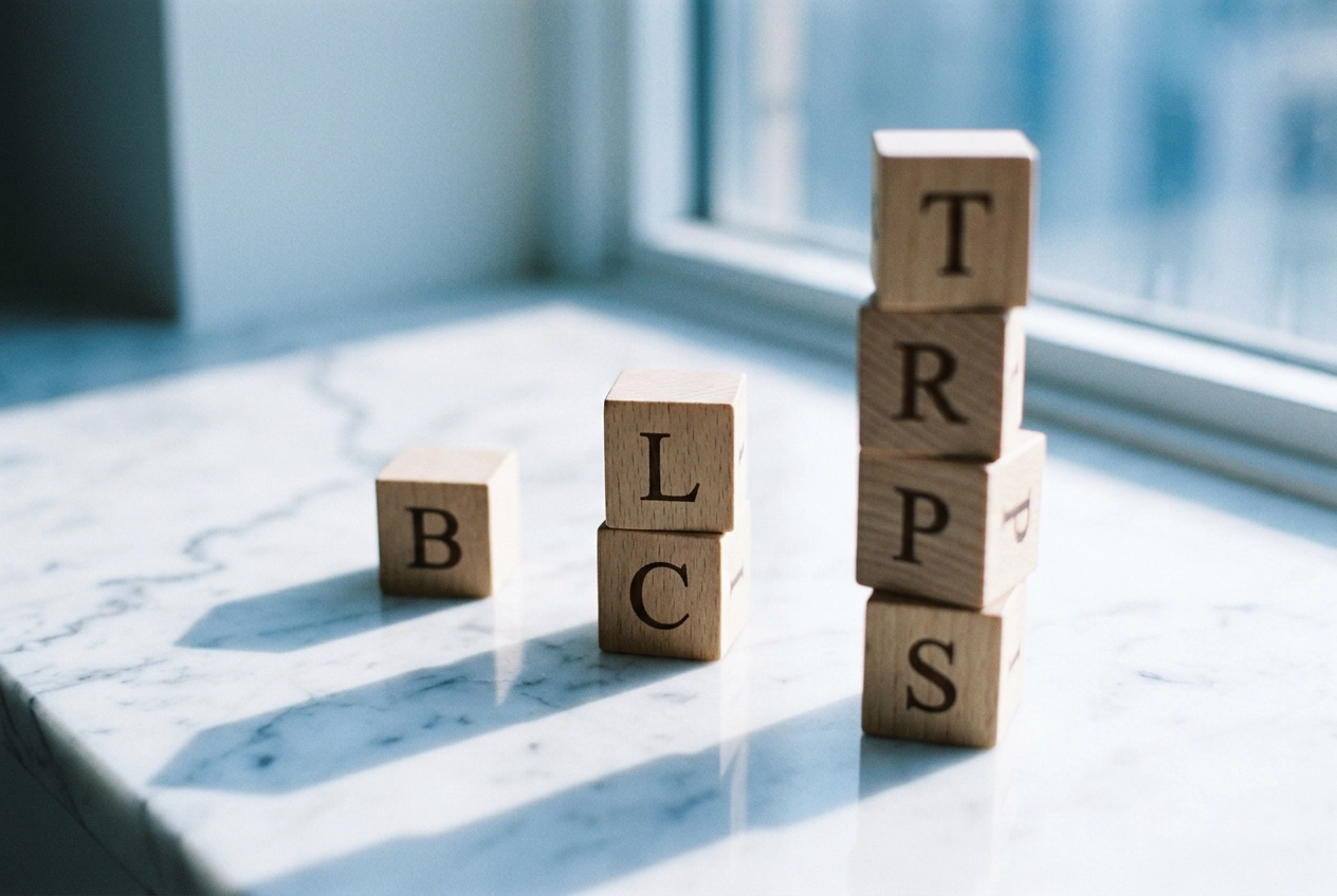 영어 자음군의 난이도를 나타내는 복잡도 순서로 쌓인 나무 글자 블록