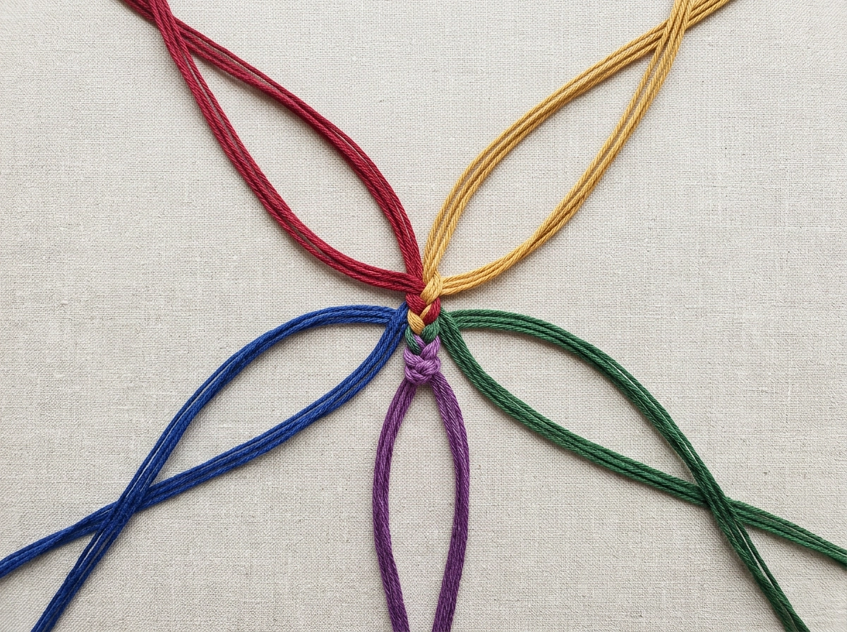 서로 다른 방향에서 중심으로 모이는 다섯 색깔의 실, 영어 숙달로 향하는 다양한 언어 경로를 표현