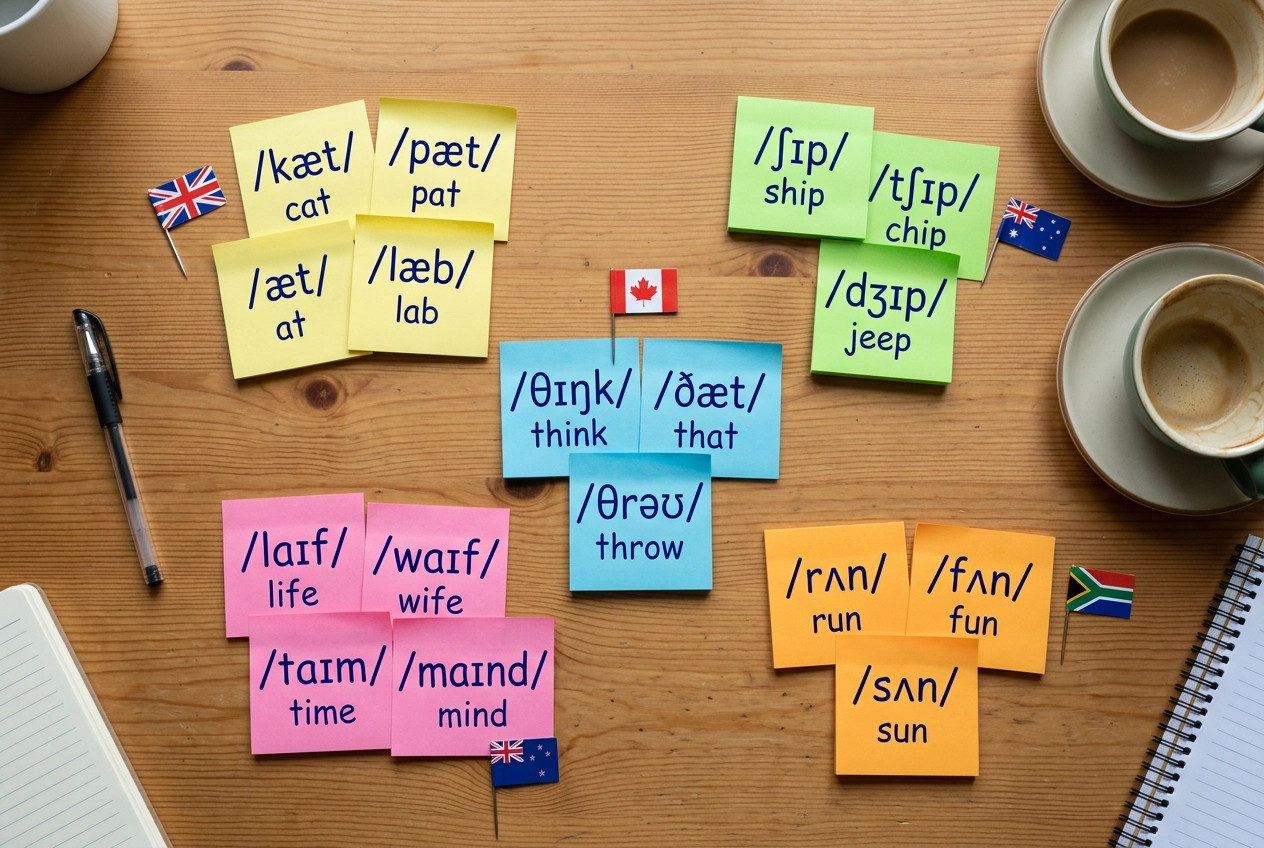 영어 발음 연습을 위해 언어 배경별로 분류된 IPA 기호가 적힌 정리된 메모