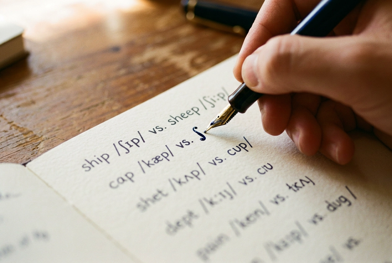 영어 발음 연습을 위한 IPA 음성 기호와 영어 단어 쌍을 손으로 적는 모습