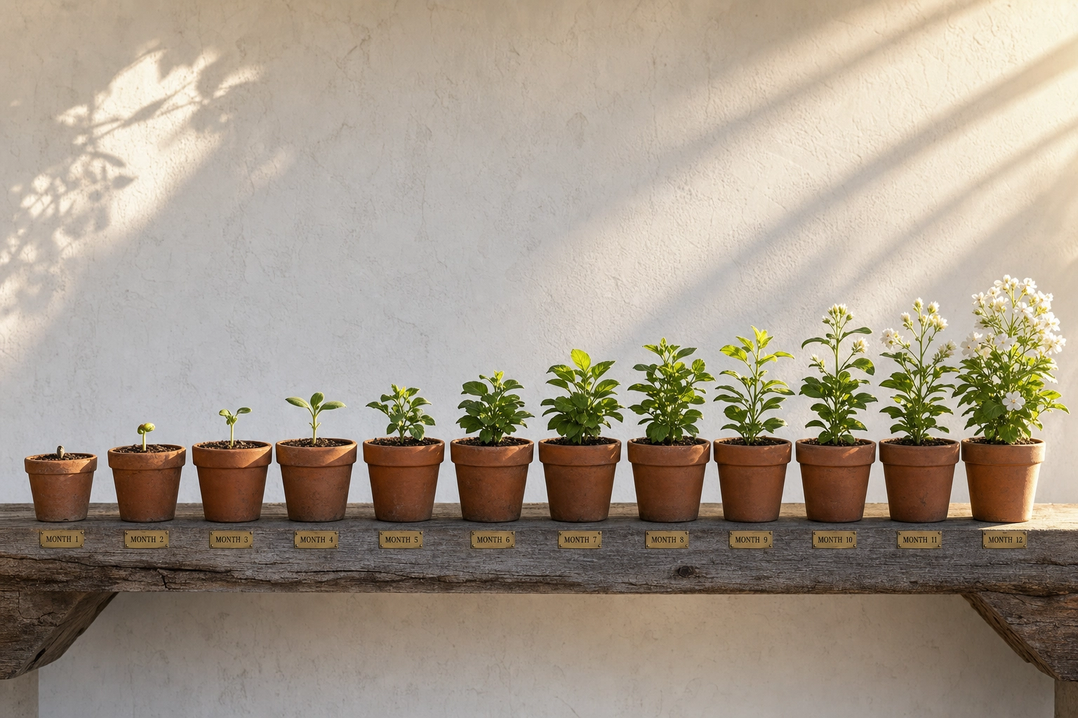Twelve terracotta pots with plants at increasing growth stages representing a 12-month roadmap to English conversational fluency