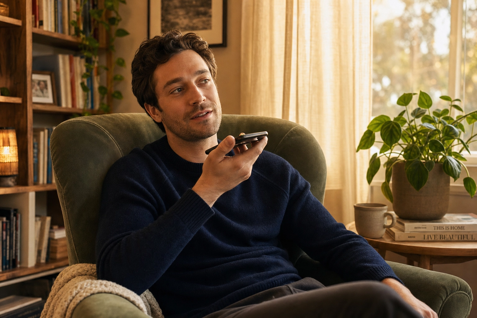 Man in a green armchair using his phone for relaxed English speaking practice at home representing AI tutor conversation