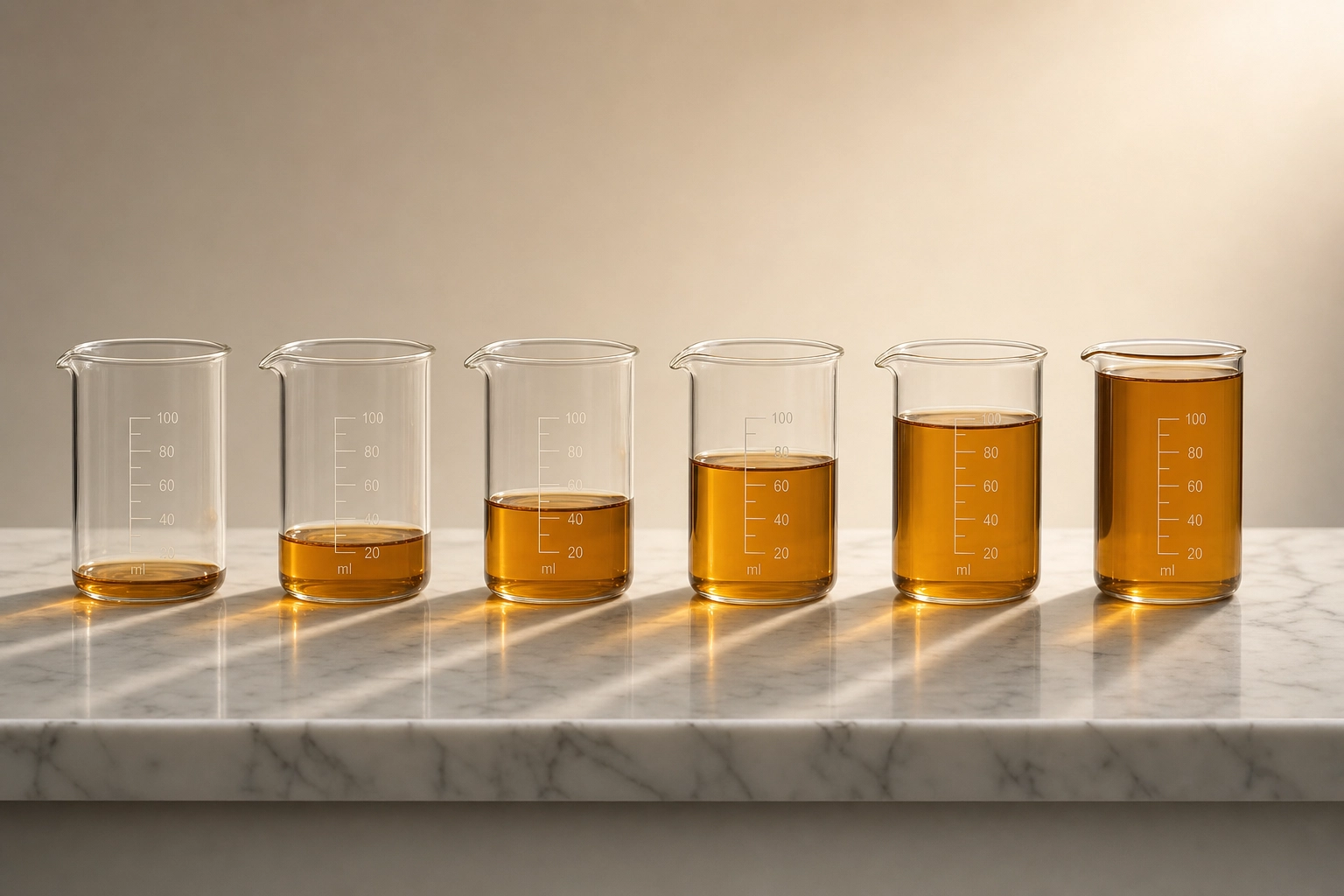 Six glass beakers filled to progressively higher levels representing the six CEFR English proficiency levels from A1 beginner to C2 mastery