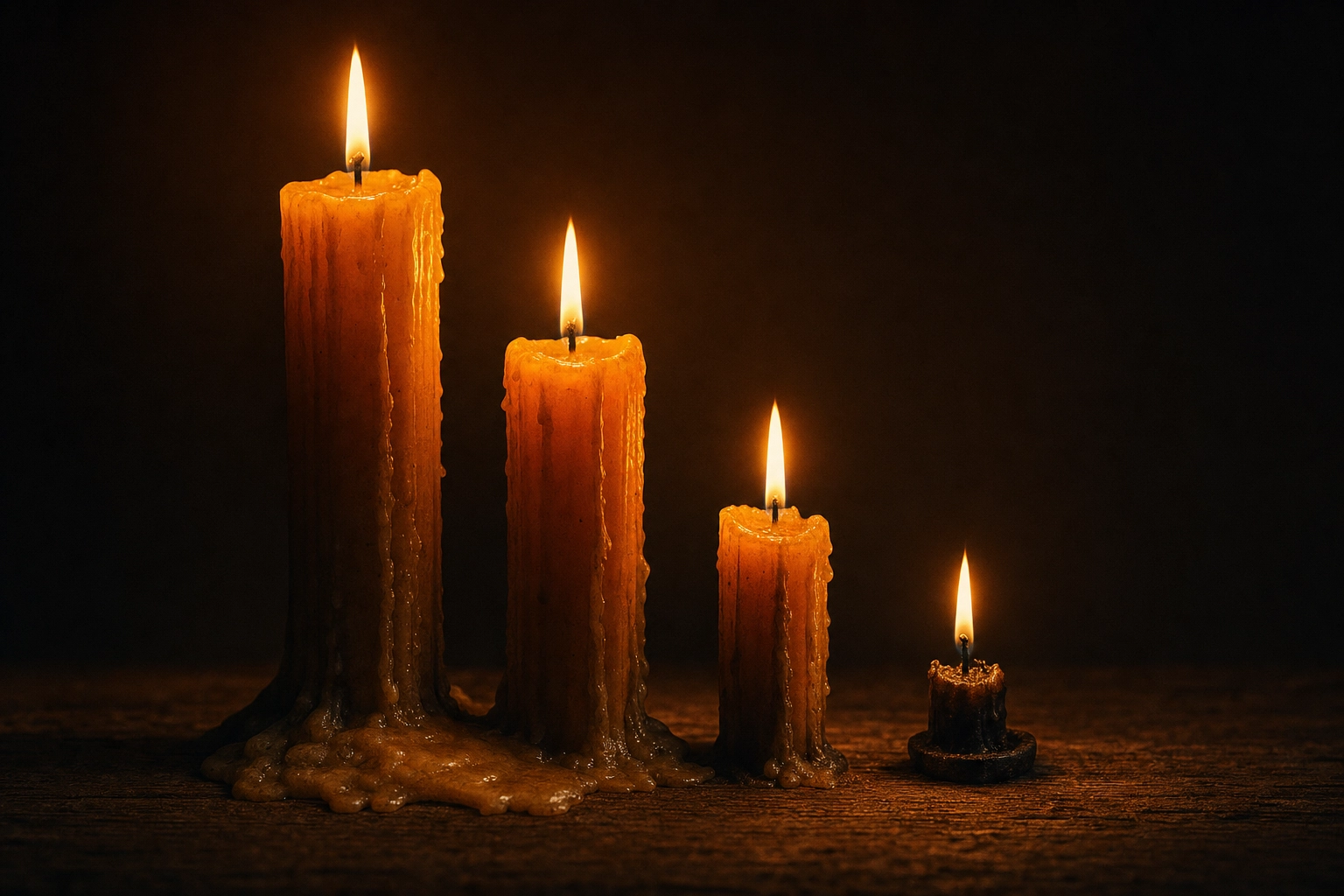 Four candles of progressively shorter heights with flickering flames symbolizing different daily English practice commitments and their outcomes