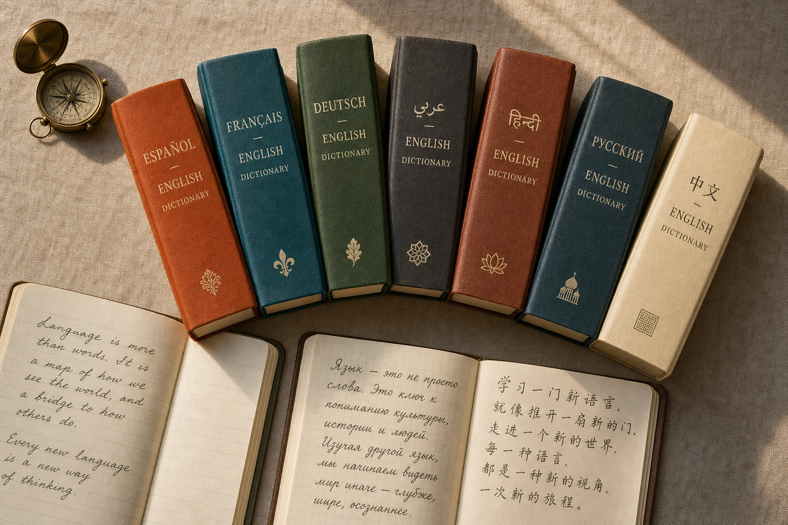Overhead arrangement of dictionaries in different languages and notebooks with various scripts representing how native language affects English learning timeline