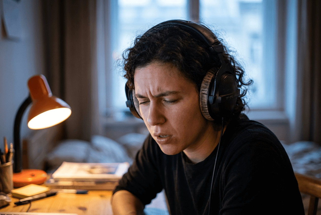 English learner practicing shadowing technique with headphones repeating native speaker speech