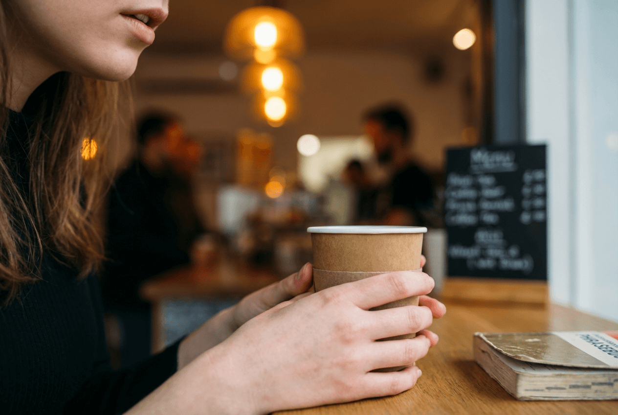 Beginner English learner ordering coffee at a cafe, practicing basic conversation skills