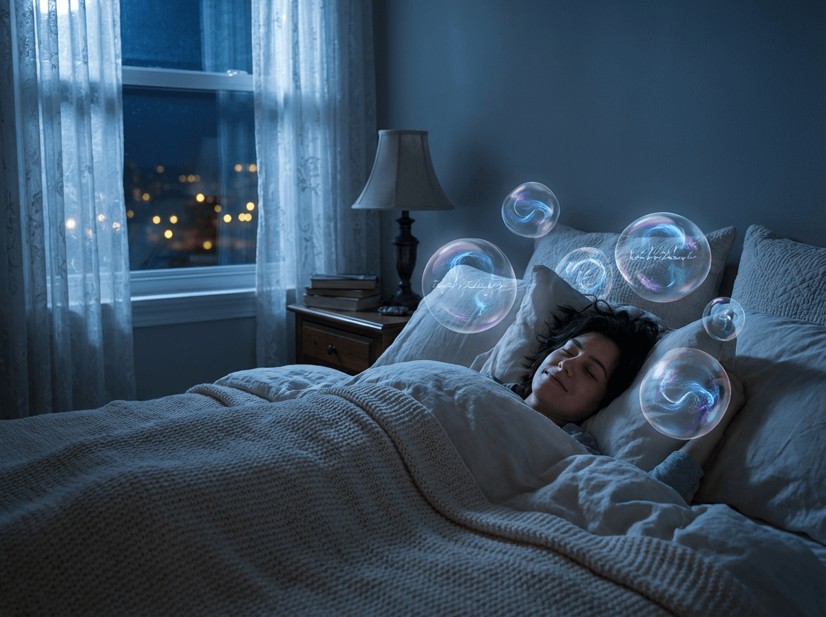 Dreaming in English as a milestone of language fluency showing a peaceful sleeper with abstract speech patterns