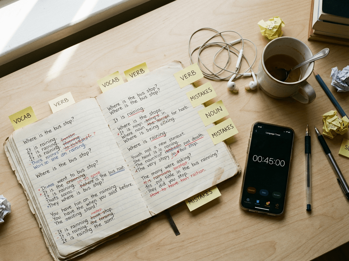 Flat lay of an English study desk with notebook, vocabulary flashcards, and practice timer showing a study session in progress