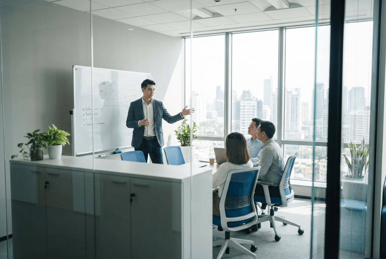 Professional confidently presenting in English at a business meeting representing C1 advanced English mastery