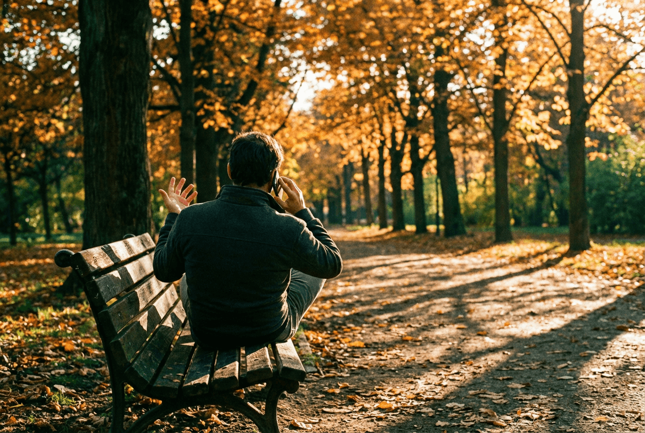 Person practicing English speaking on a phone during a golden hour walk in an autumn park