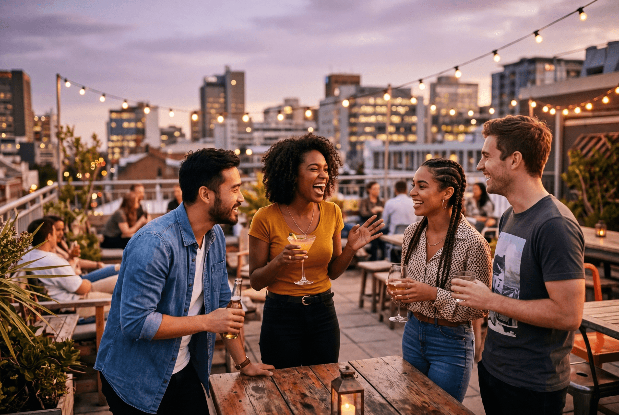 Group of friends at a casual social gathering practicing introductions in English conversation