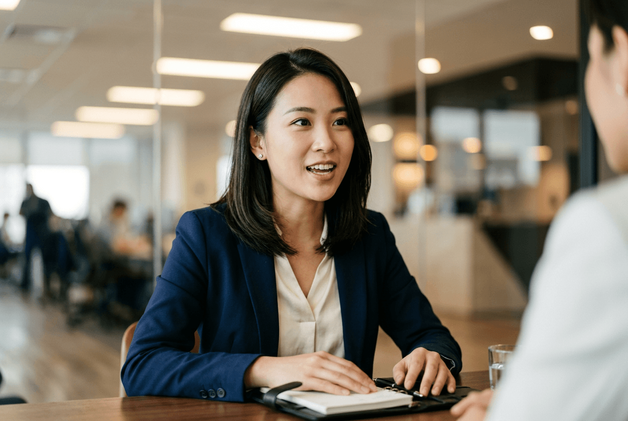 Confident job candidate introducing herself during an English language job interview