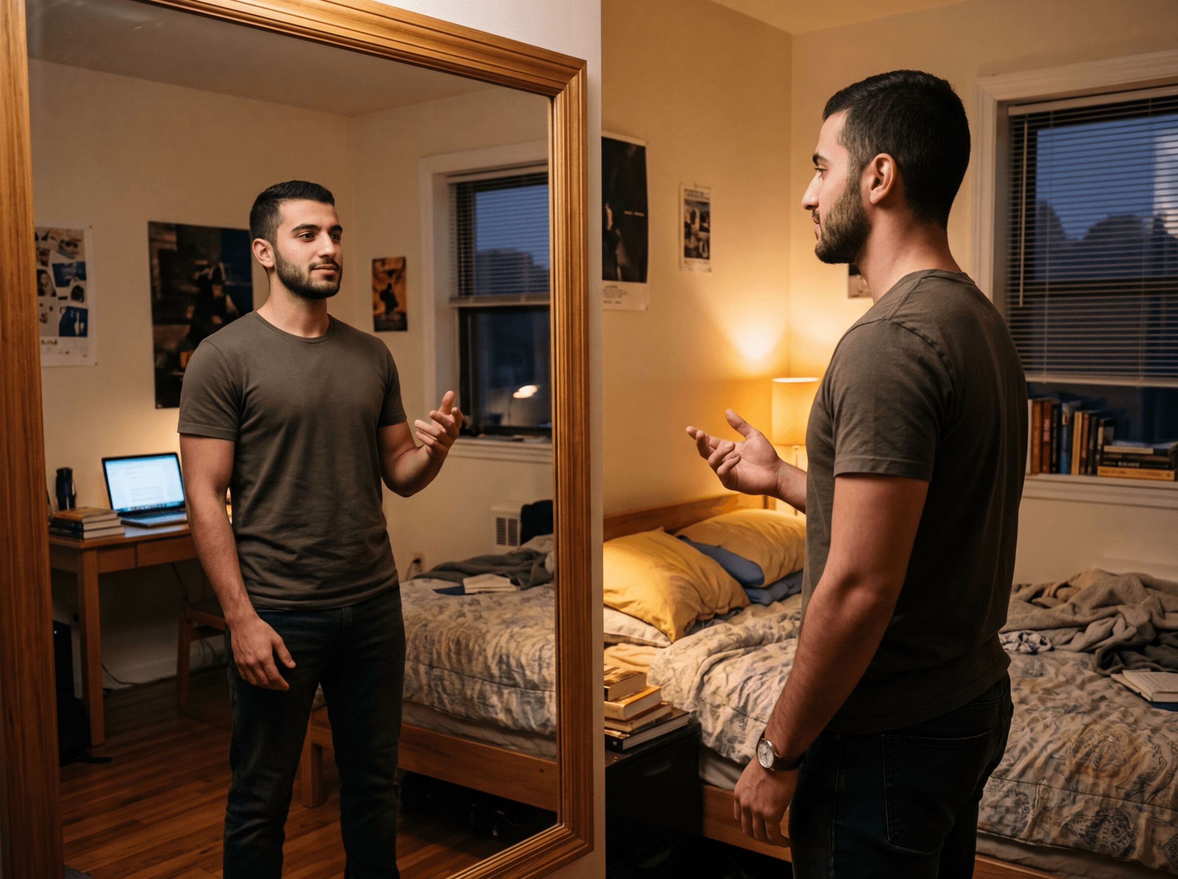 Person practicing English self-introduction in front of a mirror at home with confident body language