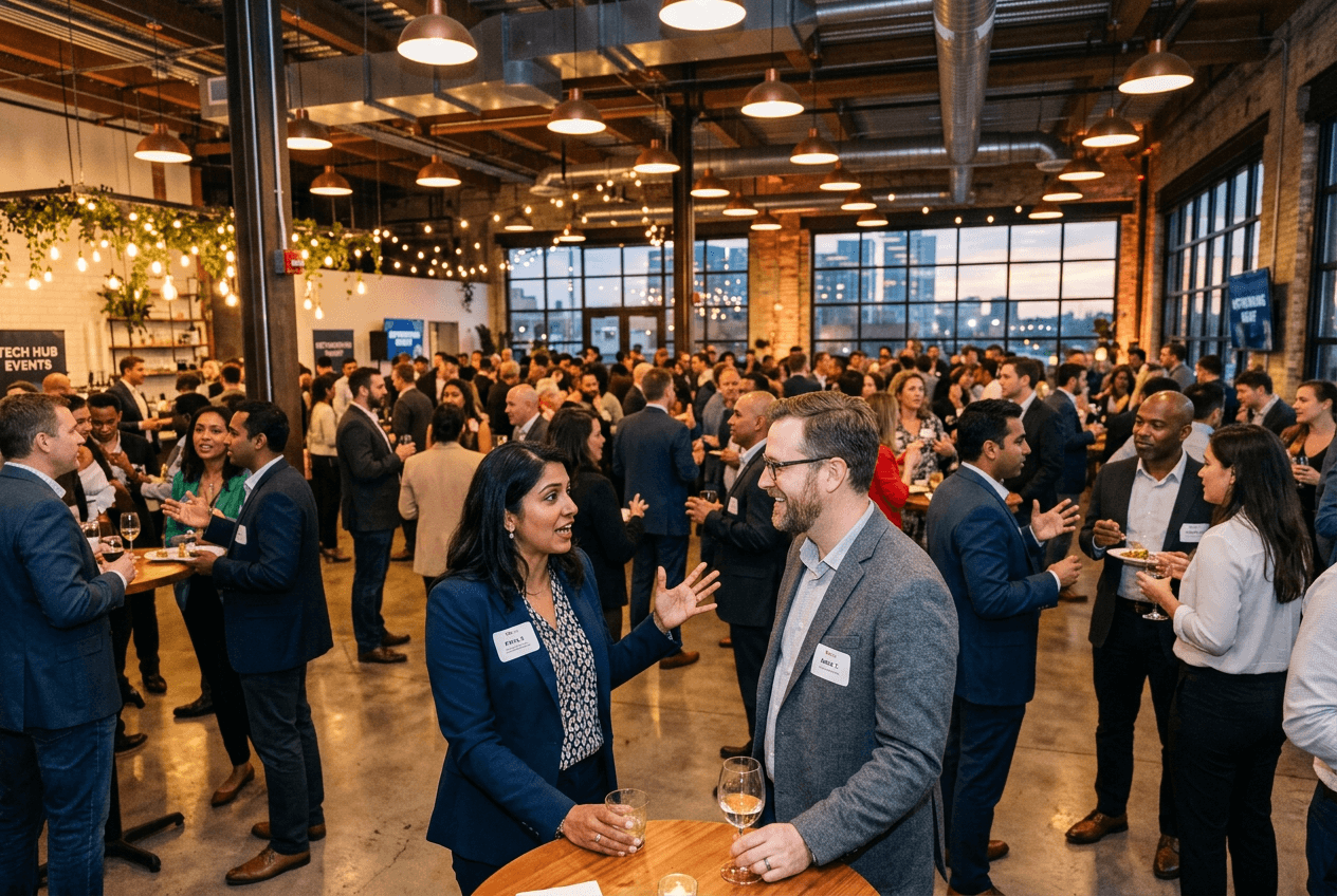 Professional networking event where people practice introducing themselves in English to new contacts