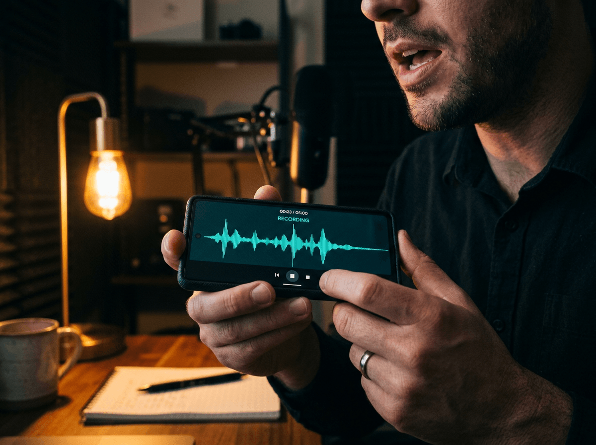 Person recording their English self-introduction on a smartphone for speaking practice