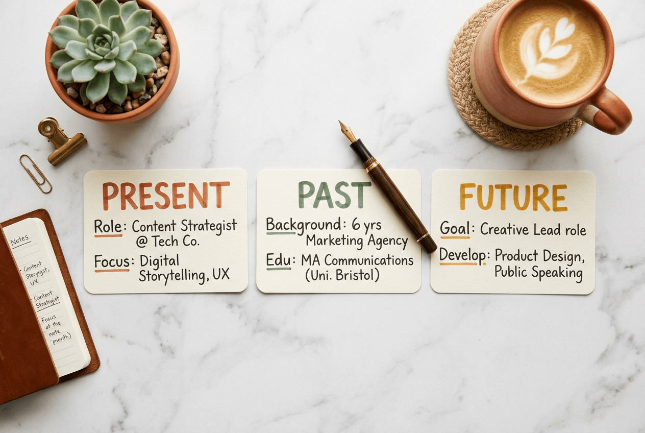 Present Past Future self-introduction framework written on index cards for English speaking practice