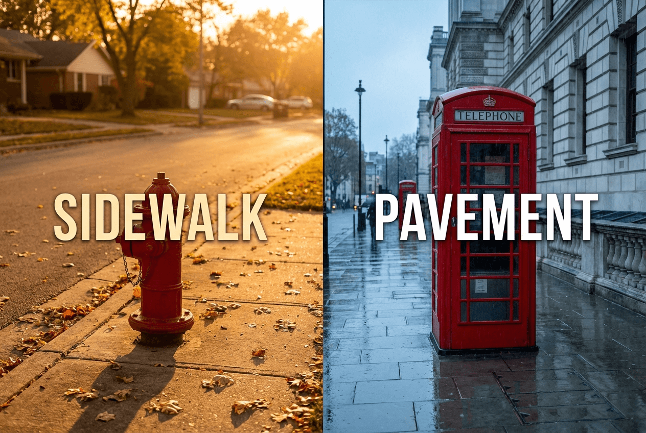 Side-by-side comparison of American and British English visual contrast with iconic cultural elements