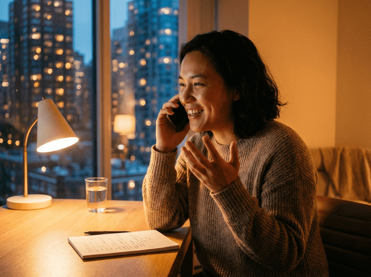 Person practicing English speaking with AI tutor on phone for British accent improvement