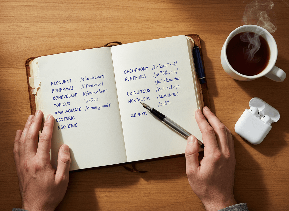 Vocabulary notebook with phonetic pronunciation notes for learning British English