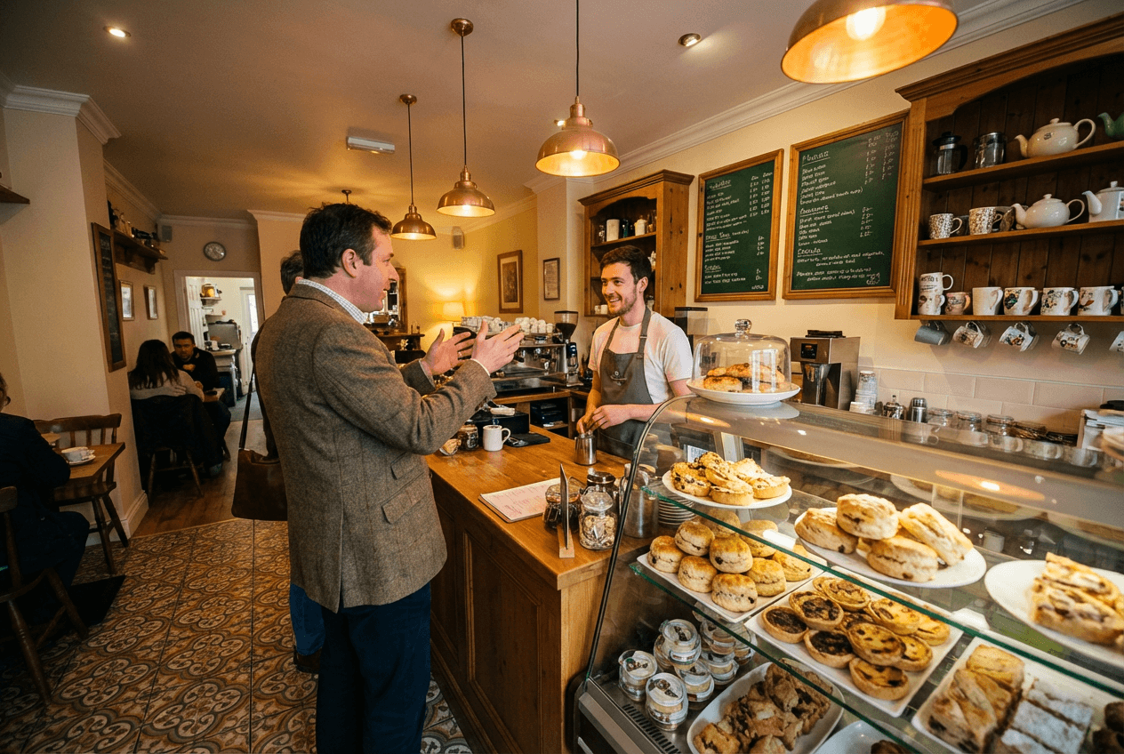 British café scene perfect for practicing conversational English with native accent