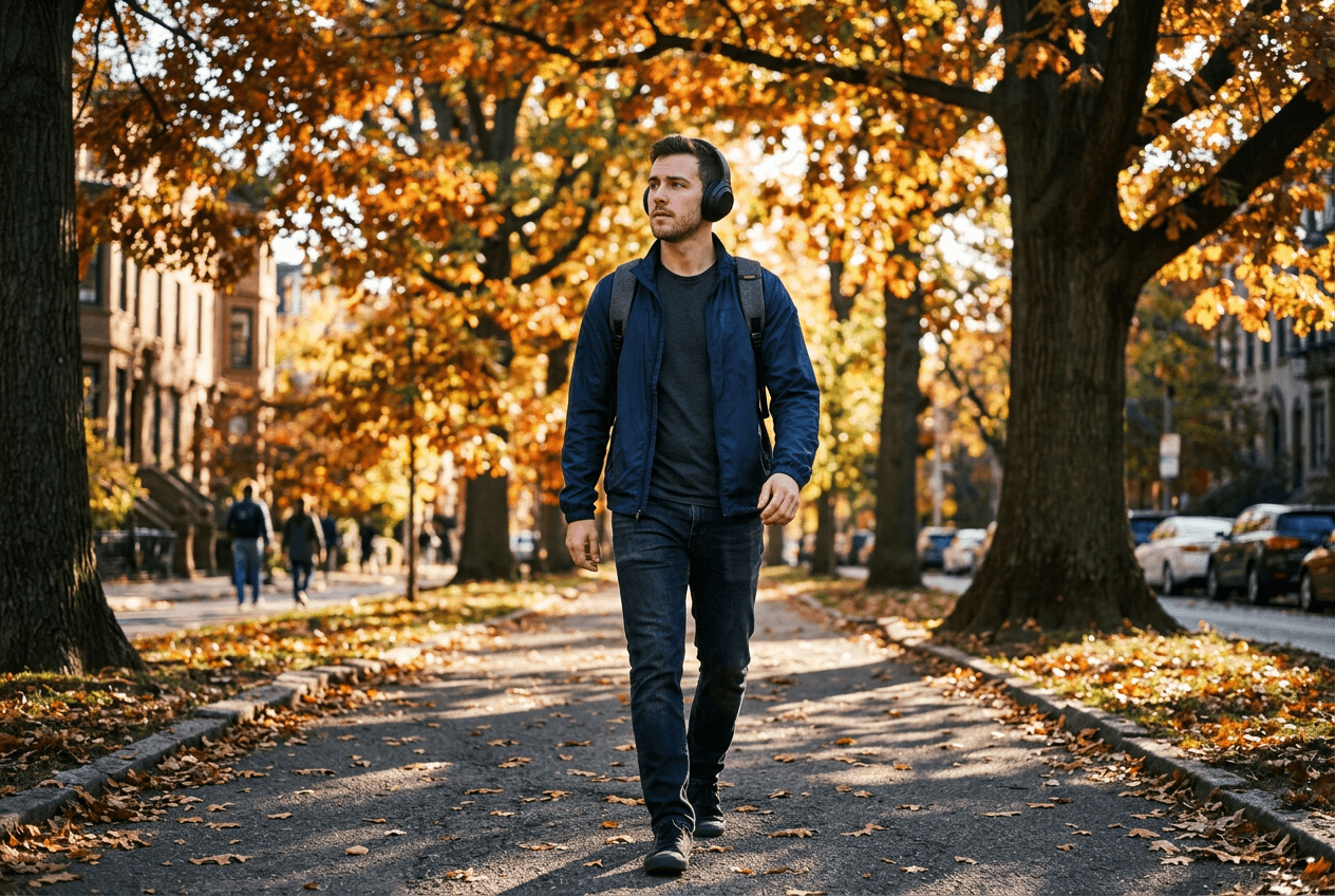 Man wearing headphones walking on tree-lined sidewalk practicing English listening during morning commute