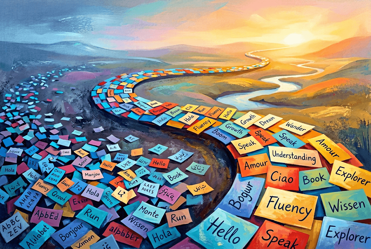 Abstract visualization of English learning progress journey from beginner to fluency along a colorful path