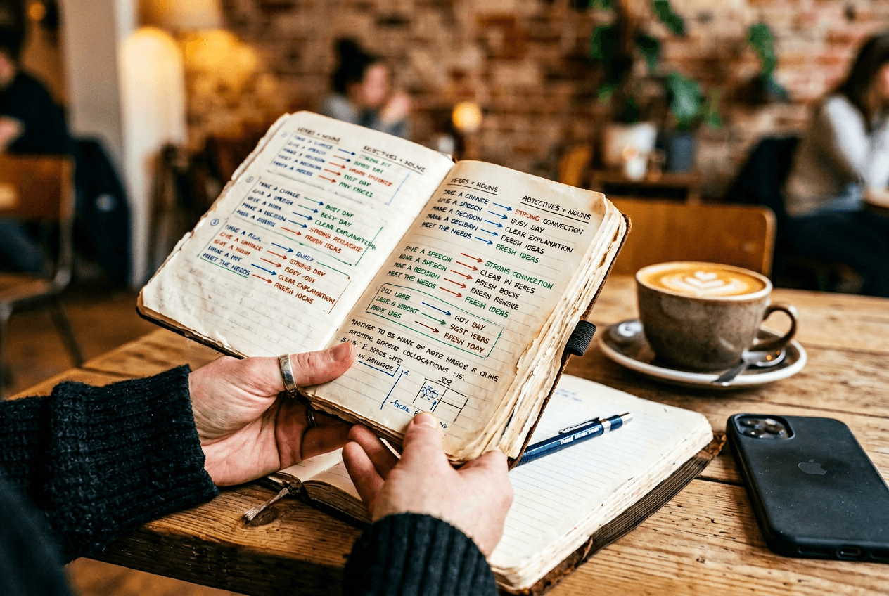 Notebook showing English phrase chunks and collocations organized with color-coded annotations in a café
