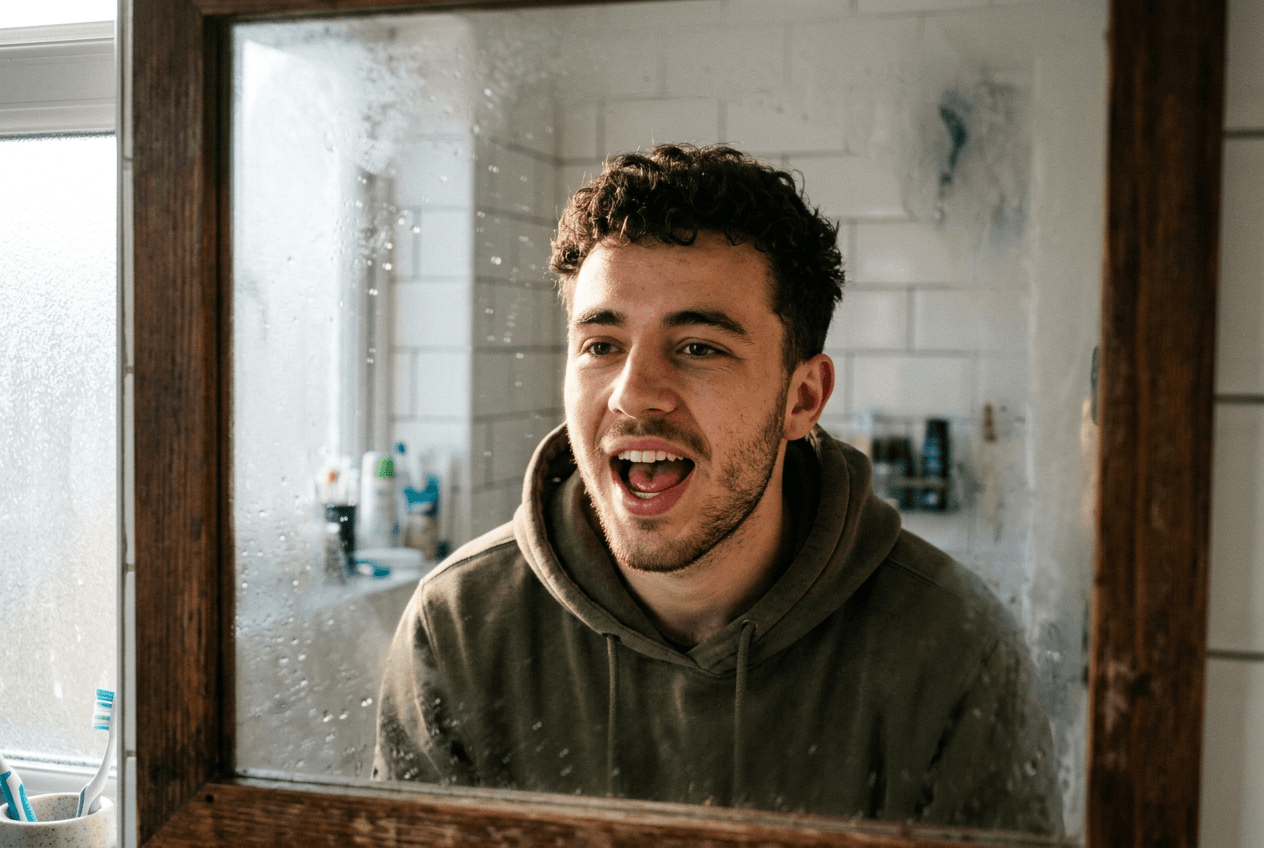 Young man practicing English pronunciation speaking to his reflection in bathroom mirror