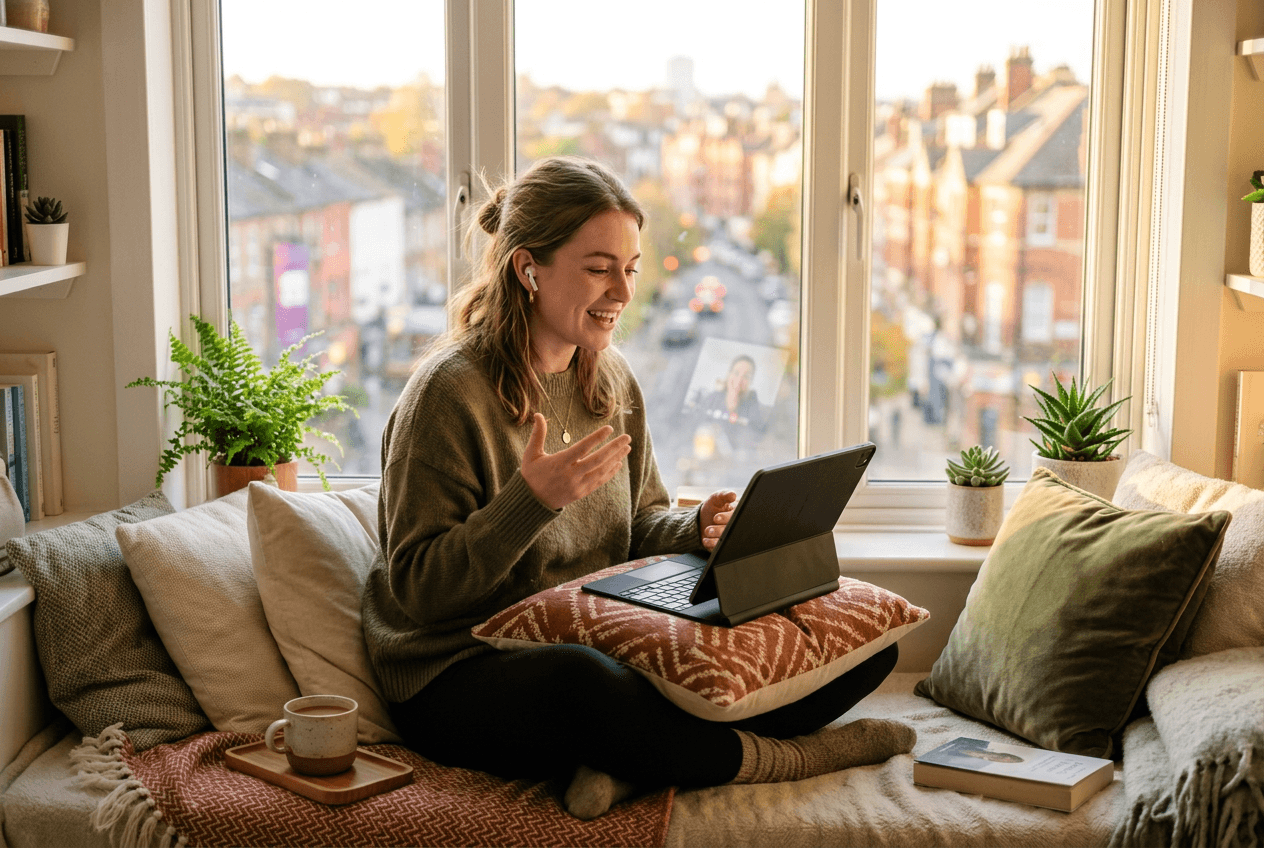 Young woman practicing English speaking with AI tutor on tablet in cozy apartment setting