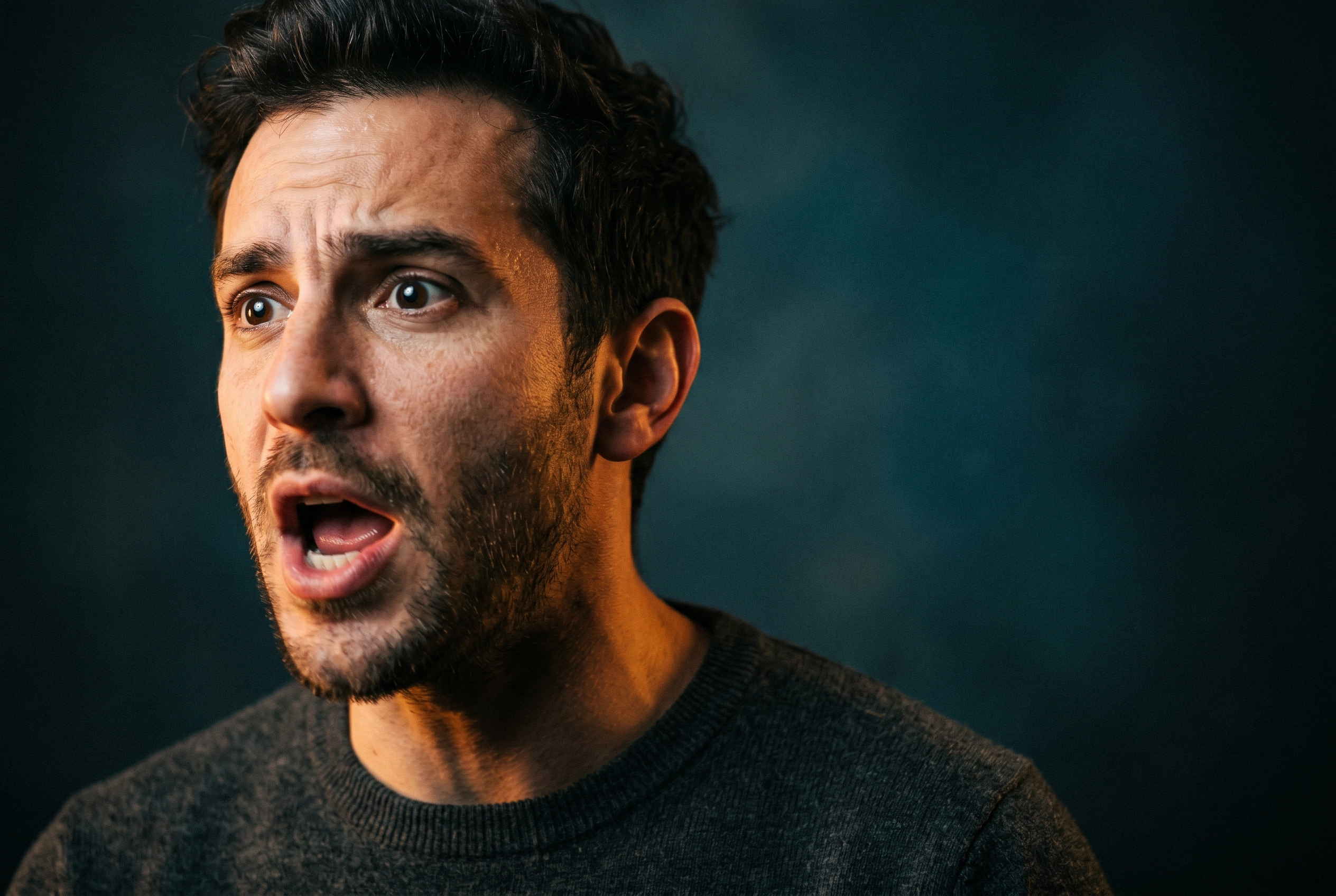 Close-up of a man speaking expressively with raised eyebrows, dramatic warm lighting capturing vocal intonation