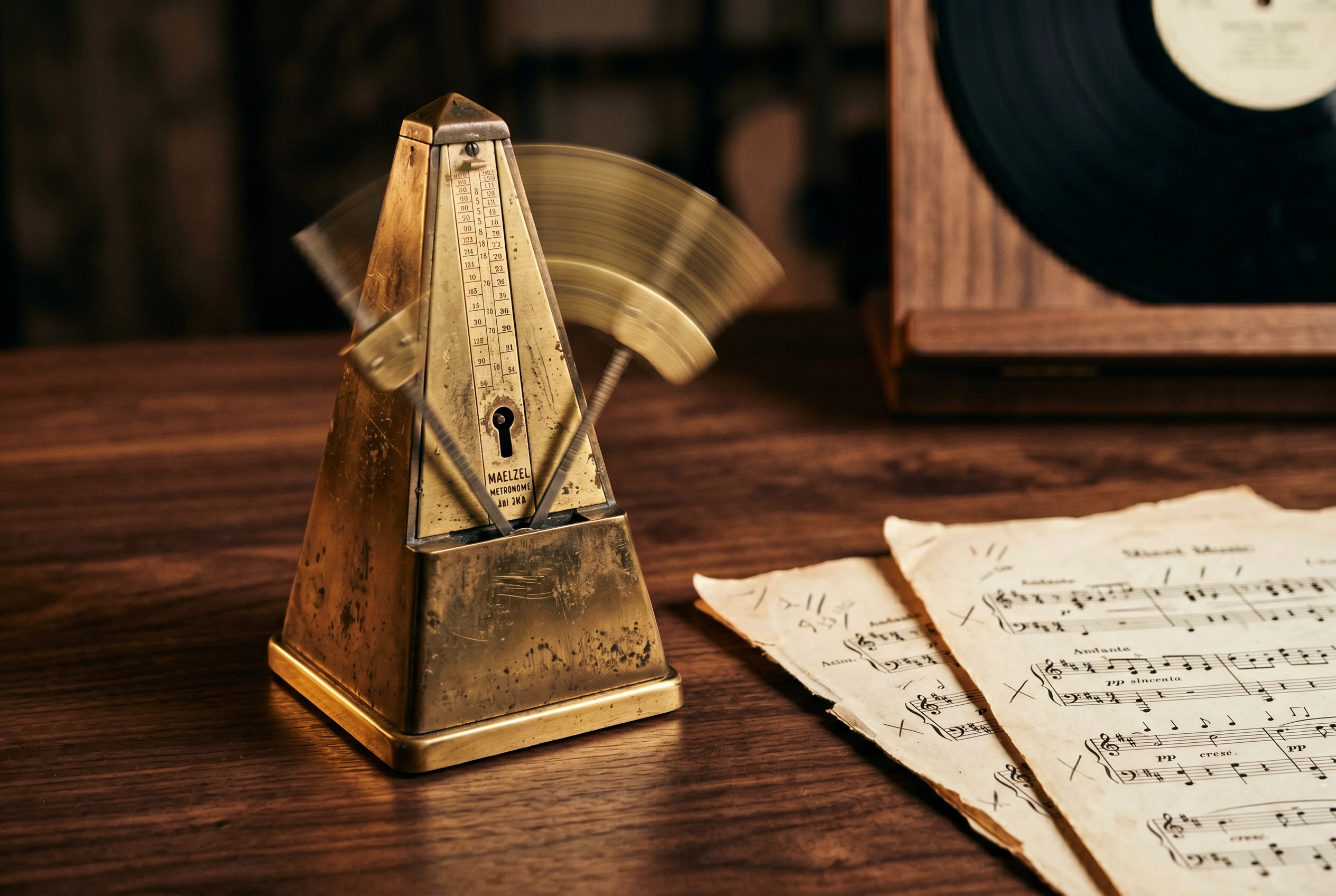 Vintage brass metronome mid-swing on wooden desk beside handwritten rhythm notation, symbolizing English speech rhythm