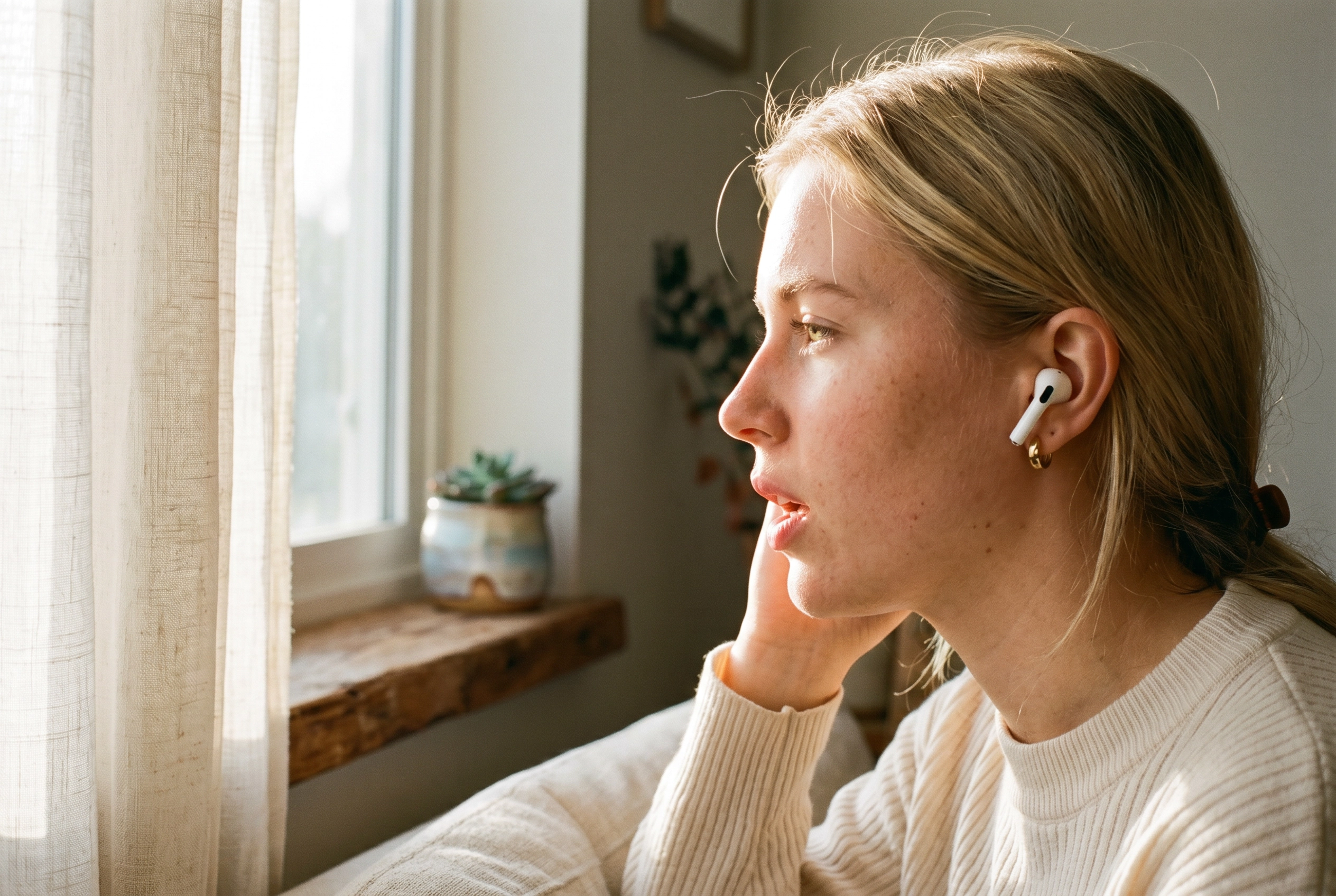 Young woman practicing English shadowing with an earbud, mouth mid-word, illuminated by afternoon window light