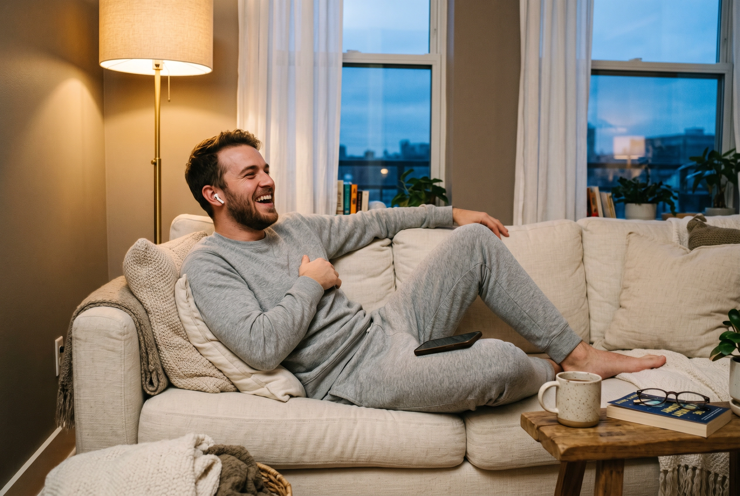 Man relaxing on a sofa laughing during a casual voice conversation with an earbud, softly lit evening apartment