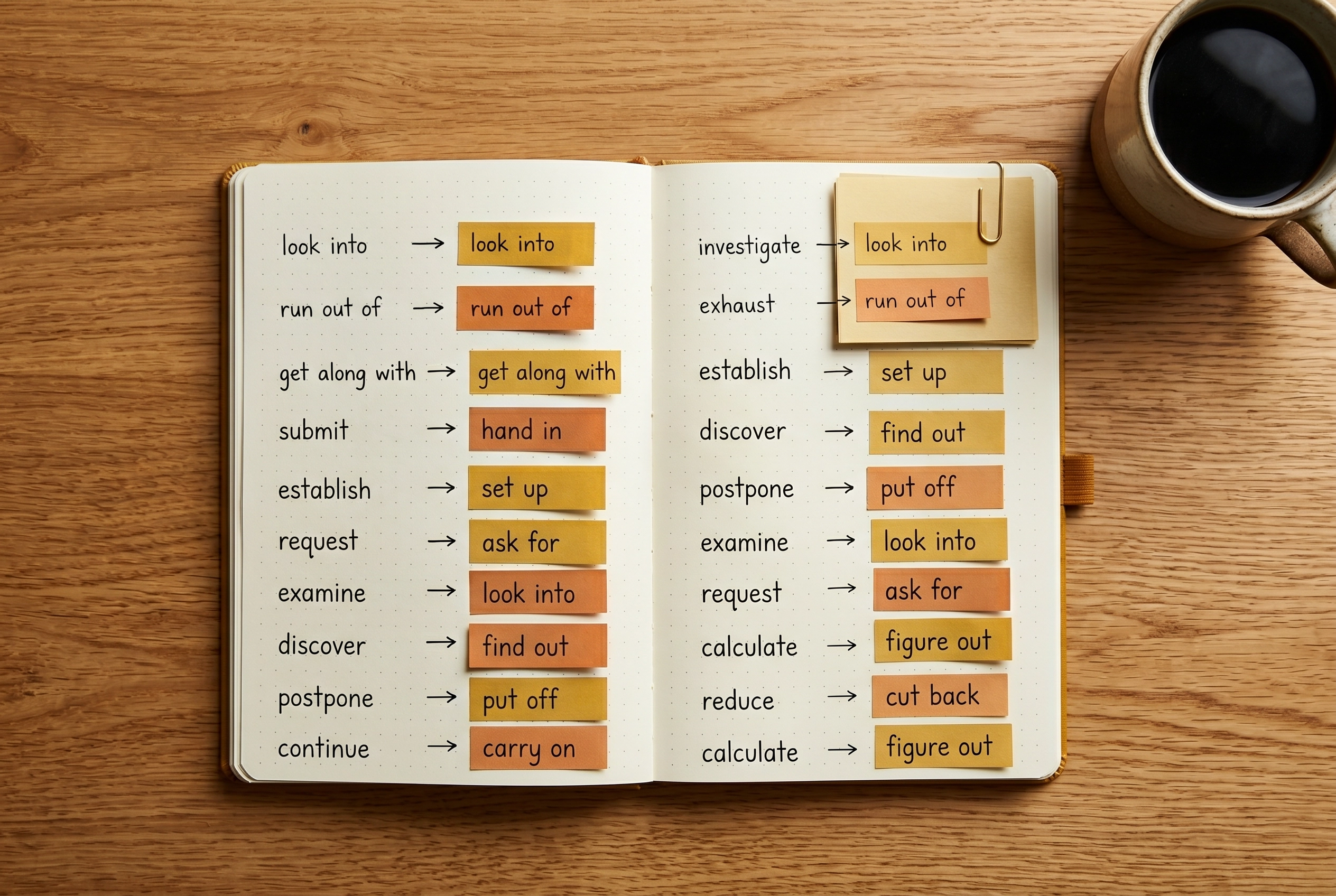 Overhead flat lay of a notebook with handwritten English phrasal verbs and colorful sticky notes showing word swaps