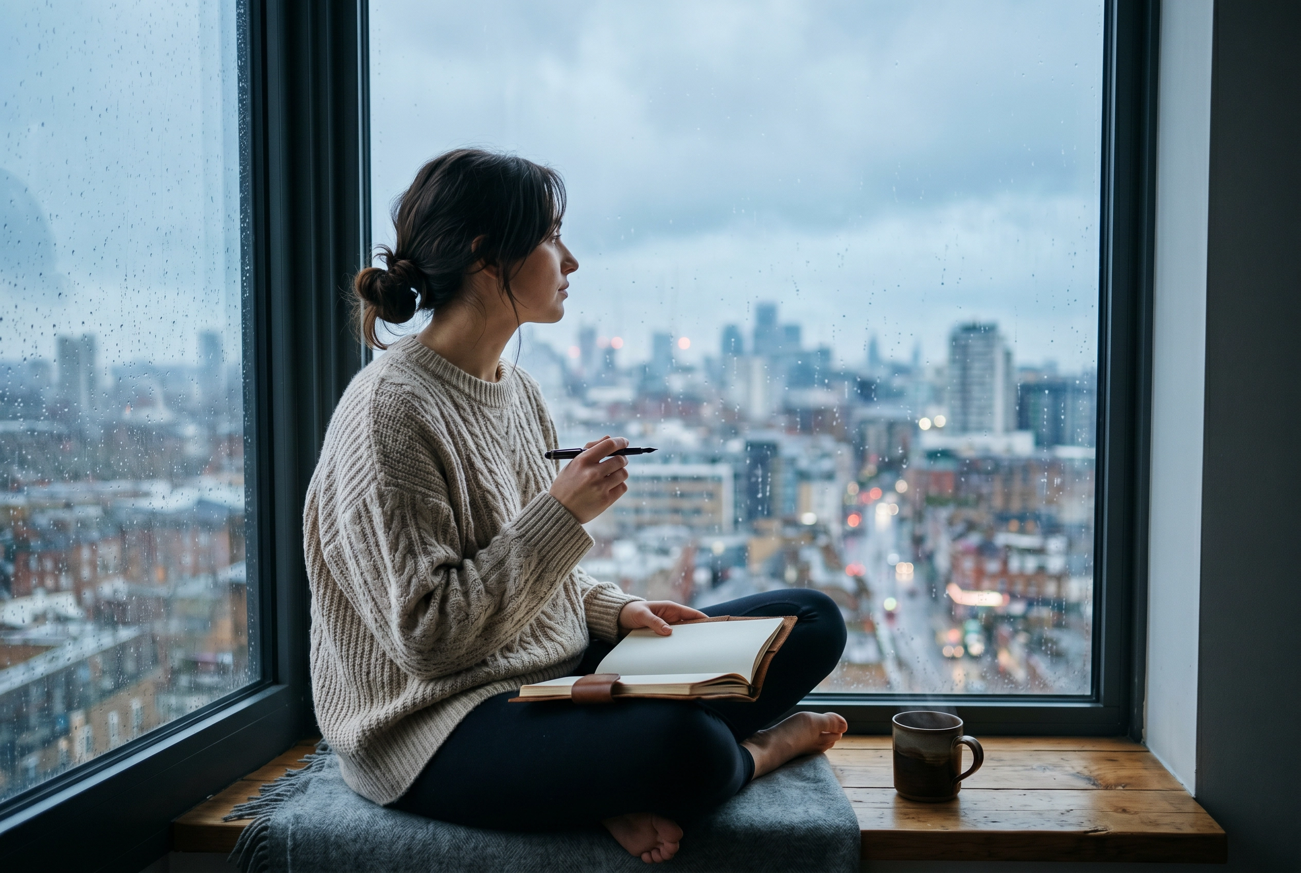 Woman by a rainy window with a journal and fountain pen, pausing mid-thought in quiet reflection
