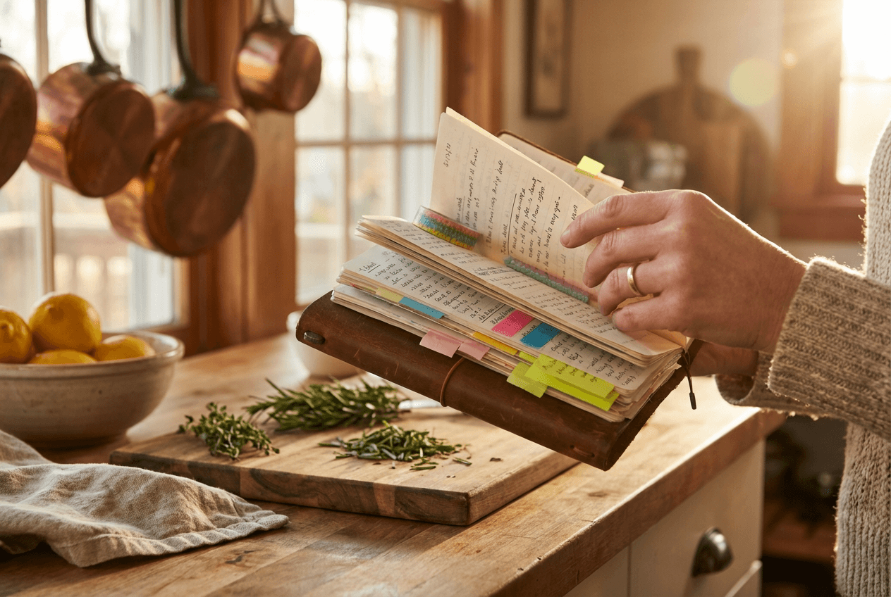 Hands flipping through a vocabulary notebook filled with English phrases learned from daily conversations