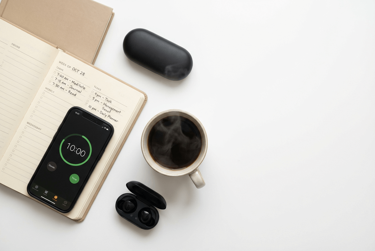 Daily English speaking practice setup with timer, planner, and earbuds on a clean desk