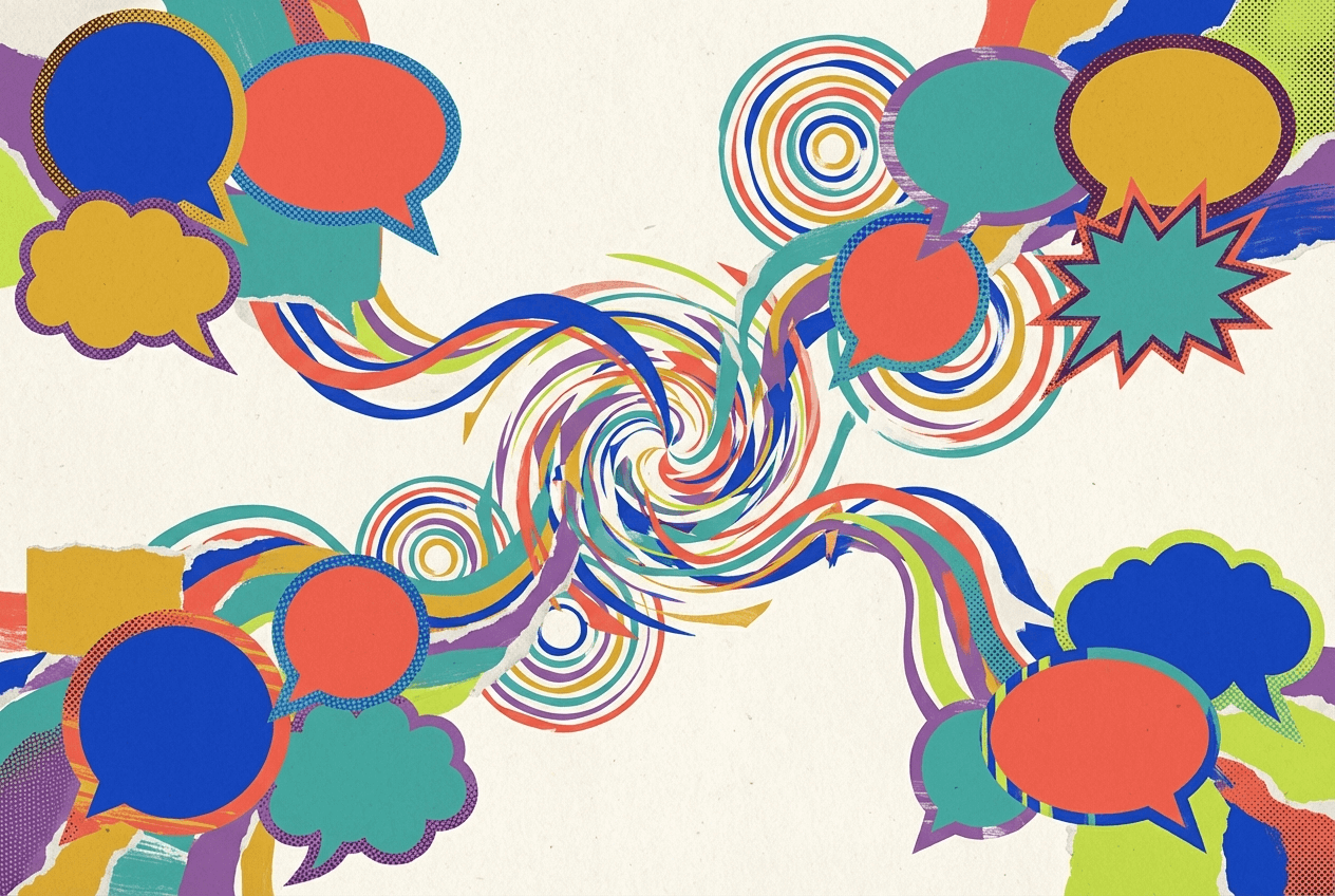 Abstract illustration of diverse English accent patterns and speech rhythms merging together