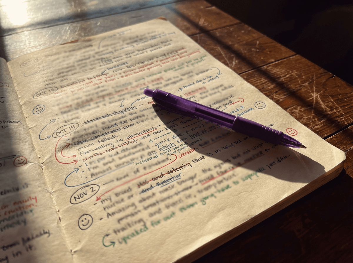 Handwritten English mistake journal showing corrections and learning notes