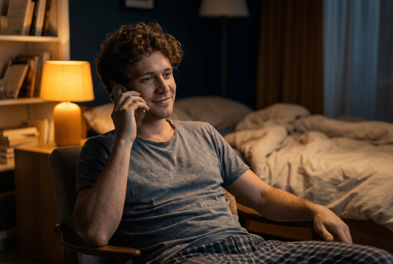 Man practicing English speaking with an AI tutor on his phone in a relaxed evening setting