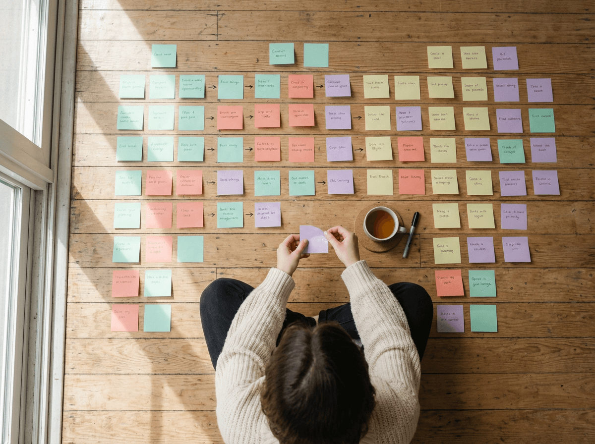 Person organizing a weekly English speaking practice schedule with colorful sticky notes