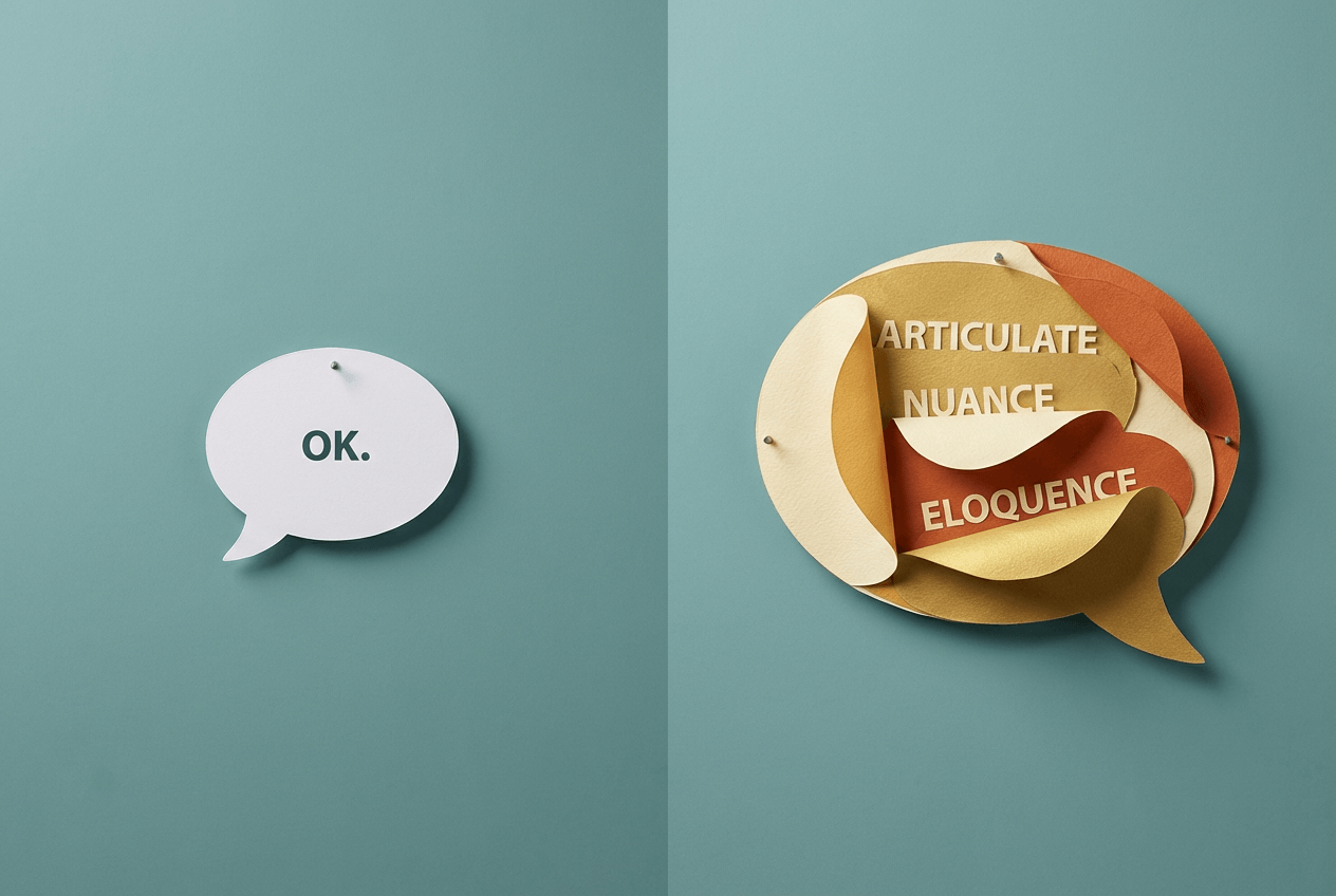 Visual comparison of basic versus advanced IELTS speaking responses showing vocabulary depth