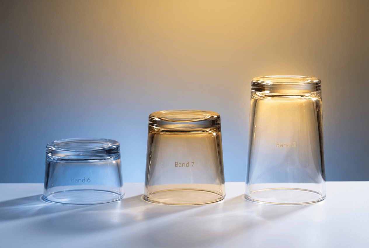 Three ascending levels representing IELTS band score progression from Band 6 to Band 8