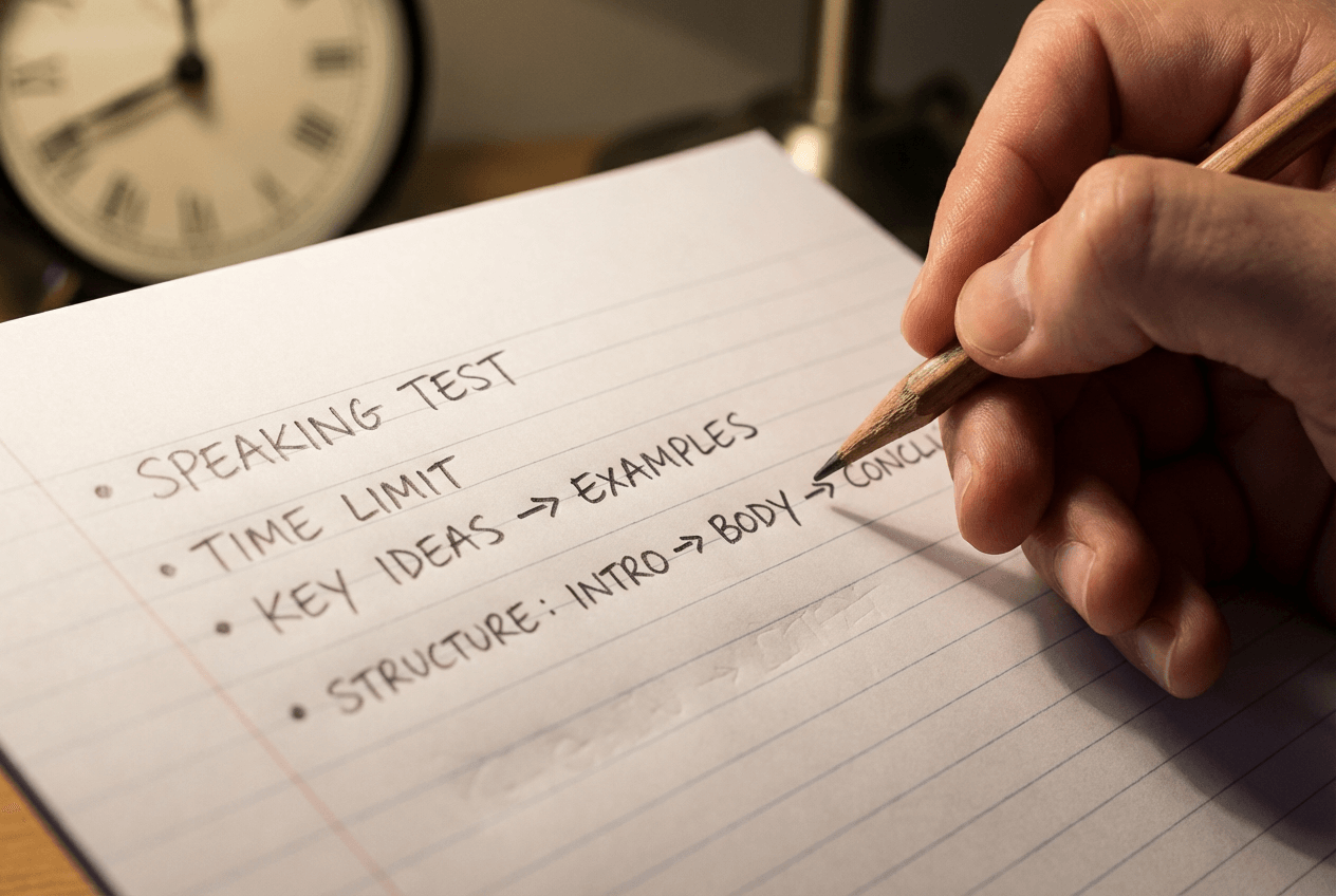 Hand writing quick preparation notes for IELTS speaking Part 2 cue card under time pressure