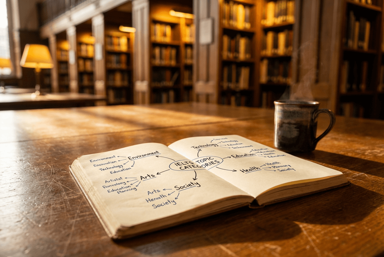 IELTS speaking practice test preparation notebook with topic categories on library table