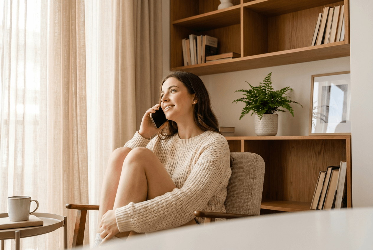 Woman practicing English speaking at home with phone for IELTS speaking test preparation